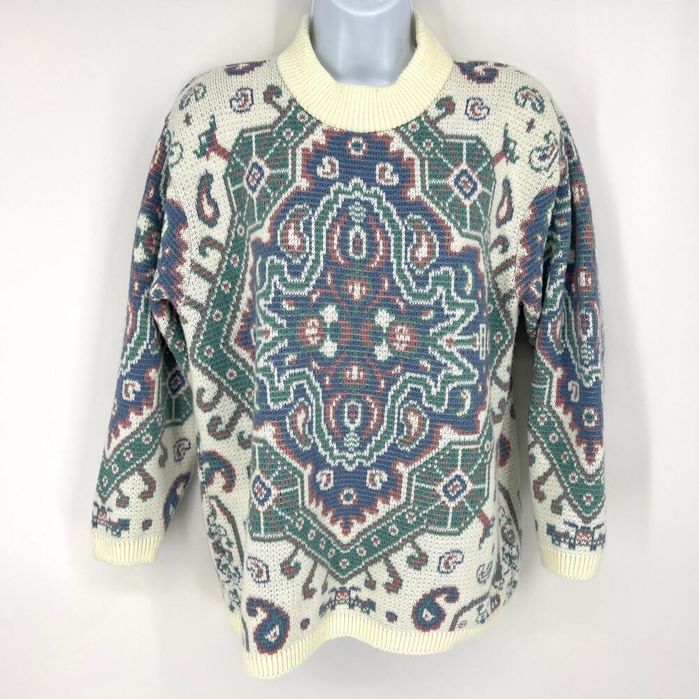 Vintage Alfred Dunner Size L Womens Medallion Print Sweater Shoulder Pads